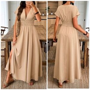 New Chic Plunge Wide Waist Split Maxi Dress Khaki Tan